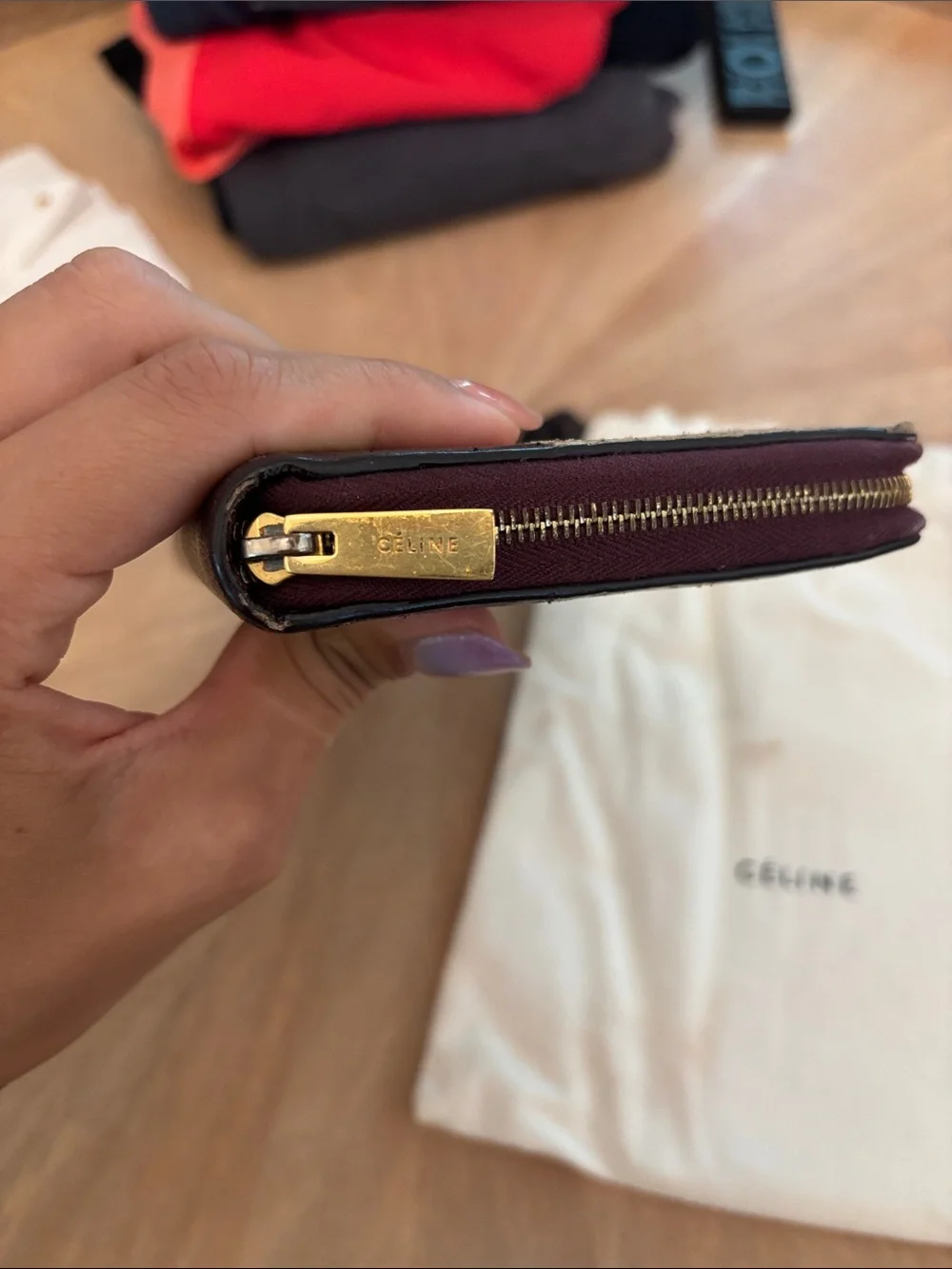 Python-Print Leather Zip Wallet in Maroon and Gray